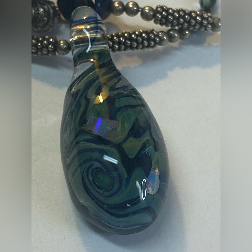 Blue and Silver Artisian Swirl Pendant Necklace with opals inlaid in glass - Picture 8 of 8